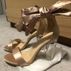 Champagne satin see through heels size 37 (7US)